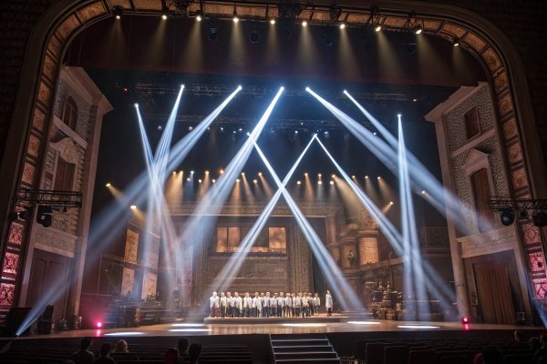 Stage performance lights theatrical stage performance, bright spotlights focus on the cast