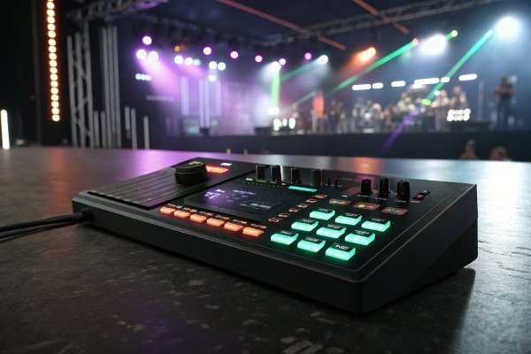 DJ controller on stage, professional lighting effects in the background
