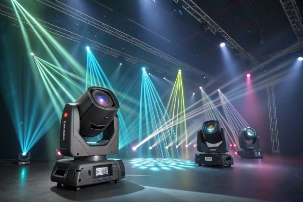 Dynamic stage lights setup Stage lighting equipment, showcasing colorful beams in a dark venue